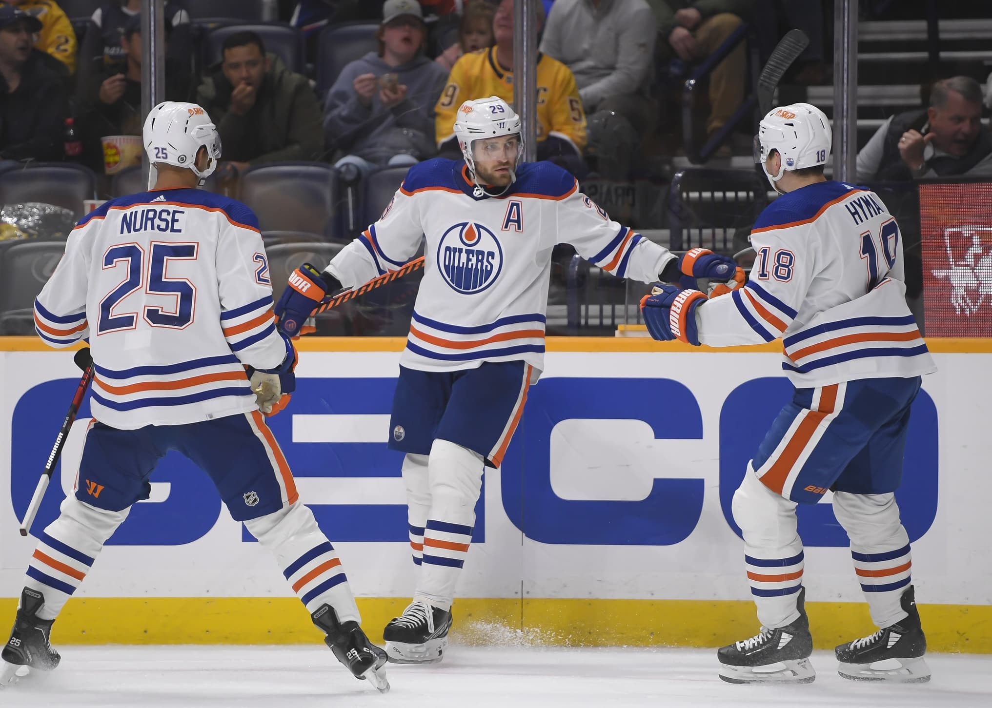 Edmonton Oilers Leon Draisaitl Darnell Nurse and Zach Hyman