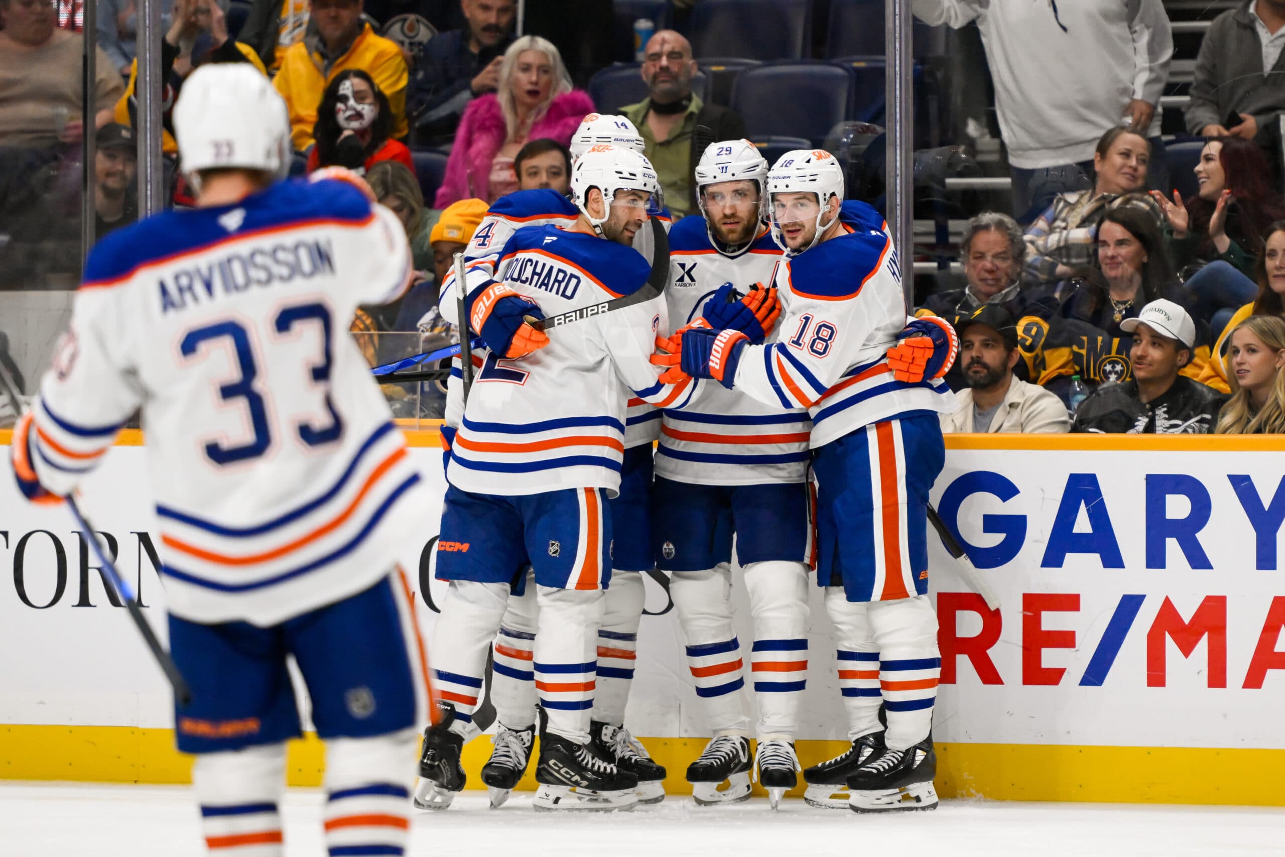 Edmonton Oilers celebrate goal against Nashville Predators